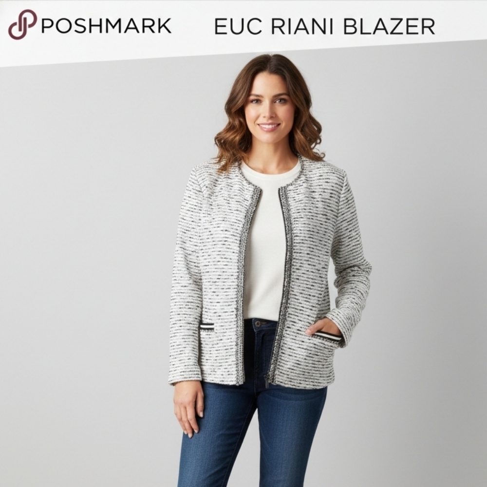 RIANI Gray Textured Tweed Knit Full Zip Blazer Jacket Size 14 EUC